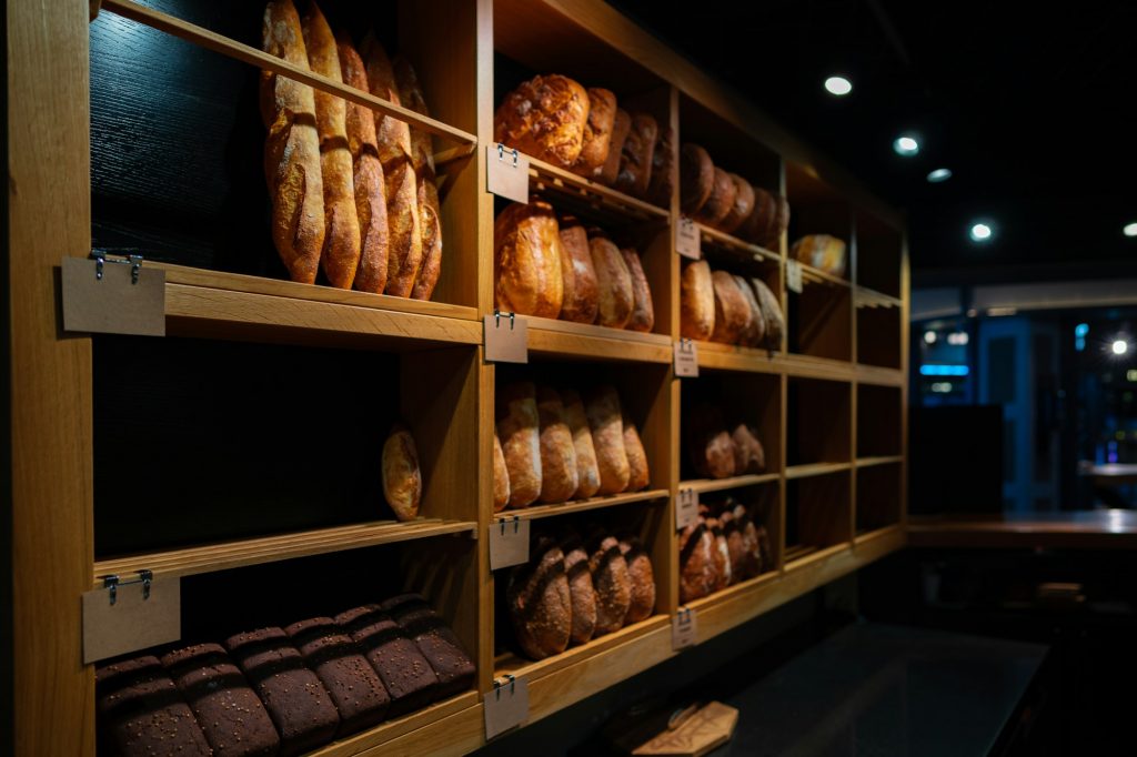 Bread to sell on counter in bakery shop